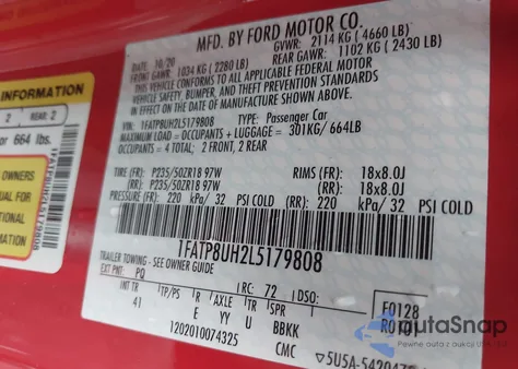 2020 Ford Mustang Ecoboost Premium z USA, uszkodzony, nr VIN 1FATP8UH2L5179808